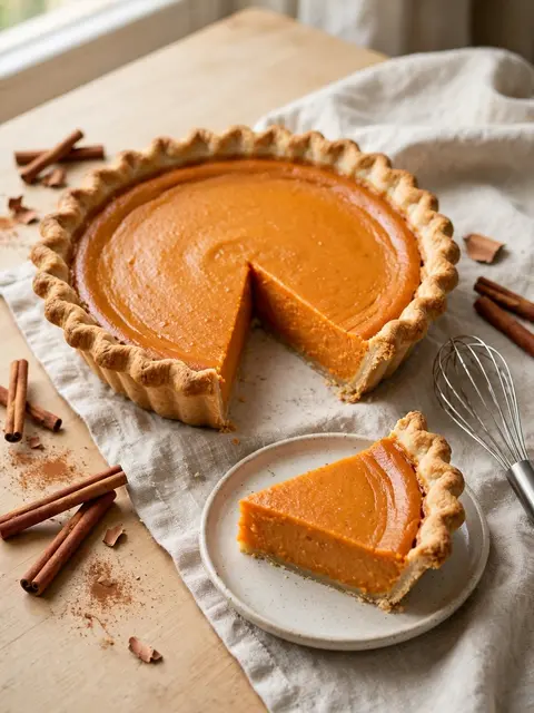 Whole sweet potato pie with one removed slice on a plate, surrounded by cinnamon sticks and a small whisk on a linen cloth.