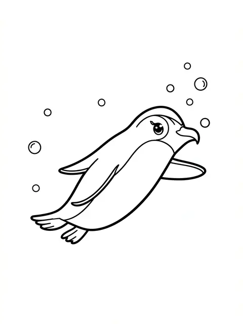 Simple black and white line art of a cartoon penguin swimming underwater with surrounding bubbles on a plain white background