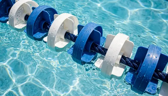 Alternating blue and white pool lane floats rest on rippling turquoise sunlit pool water