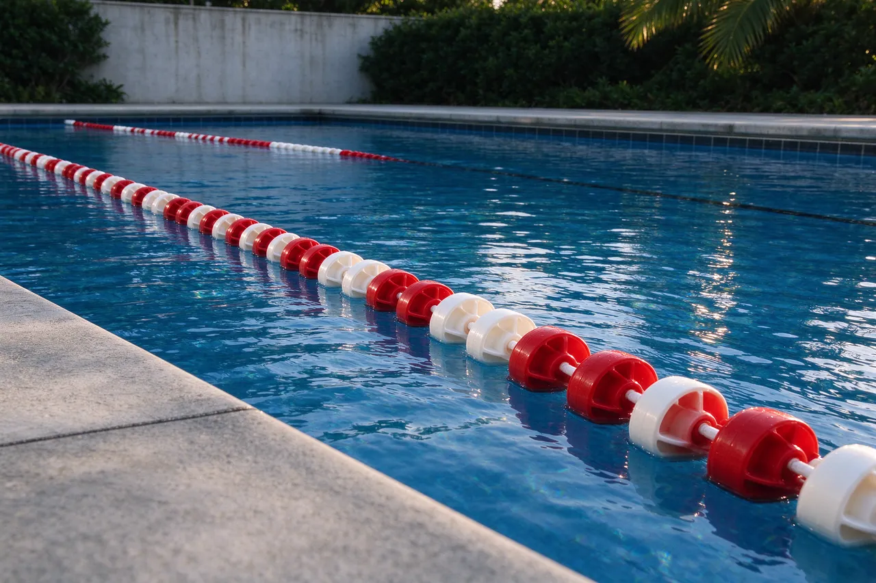 Red and white lane division floats stretch across a bright blue outdoor swimming pool from the concrete deck edge at water
