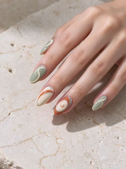 A hand with almond sage, cream and terracotta swirl nail art rests on travertine