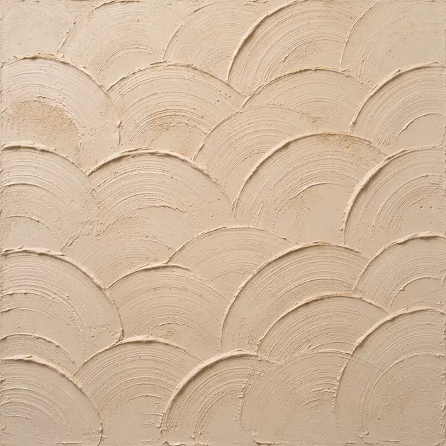 Full frame close-up of overlapping raised half-circle brush arcs on gritty beige drywall mud