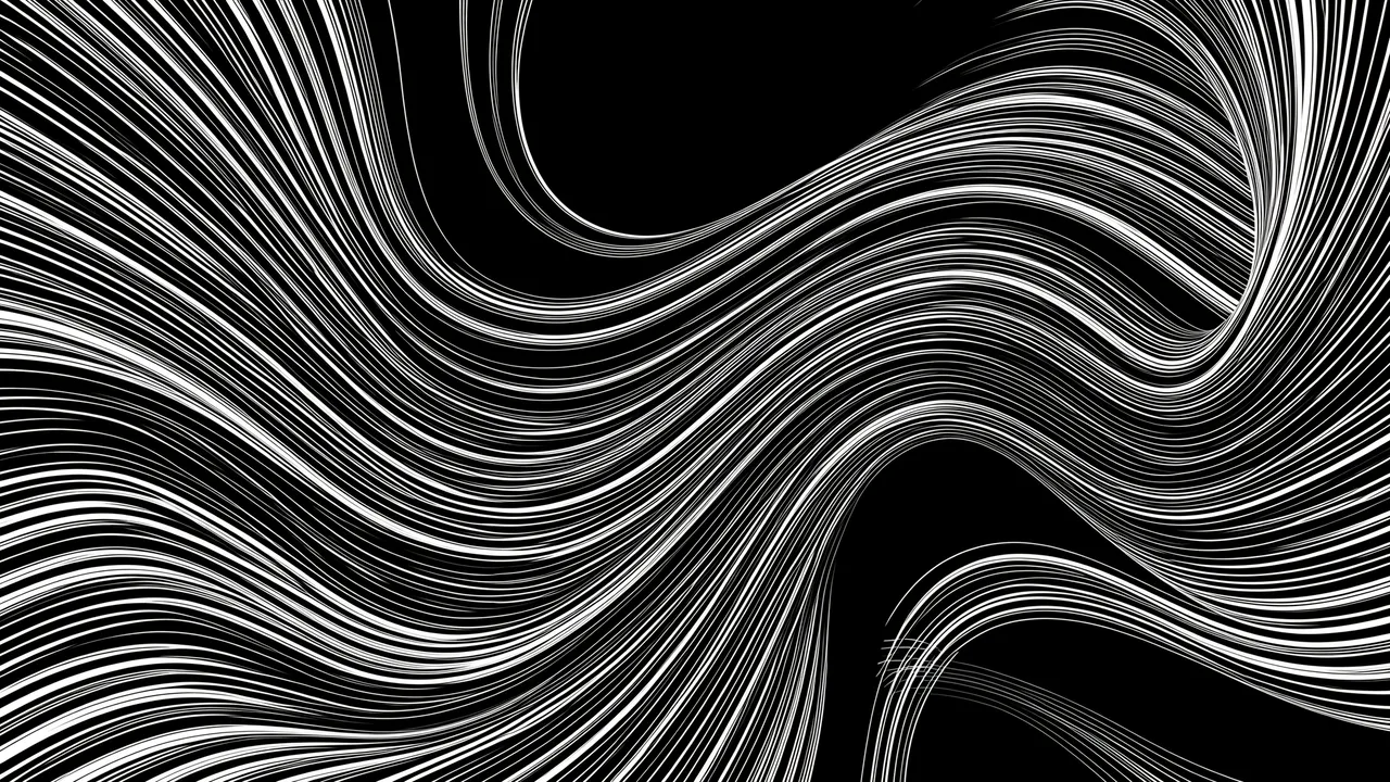 Abstract flowing thin white and gray lines curve and swirl across a solid black background