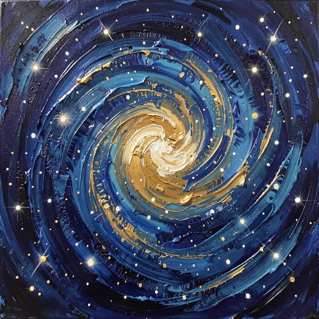 Thick textured impasto oil painting of a swirling blue and gold spiral nebula dotted with bright starlight