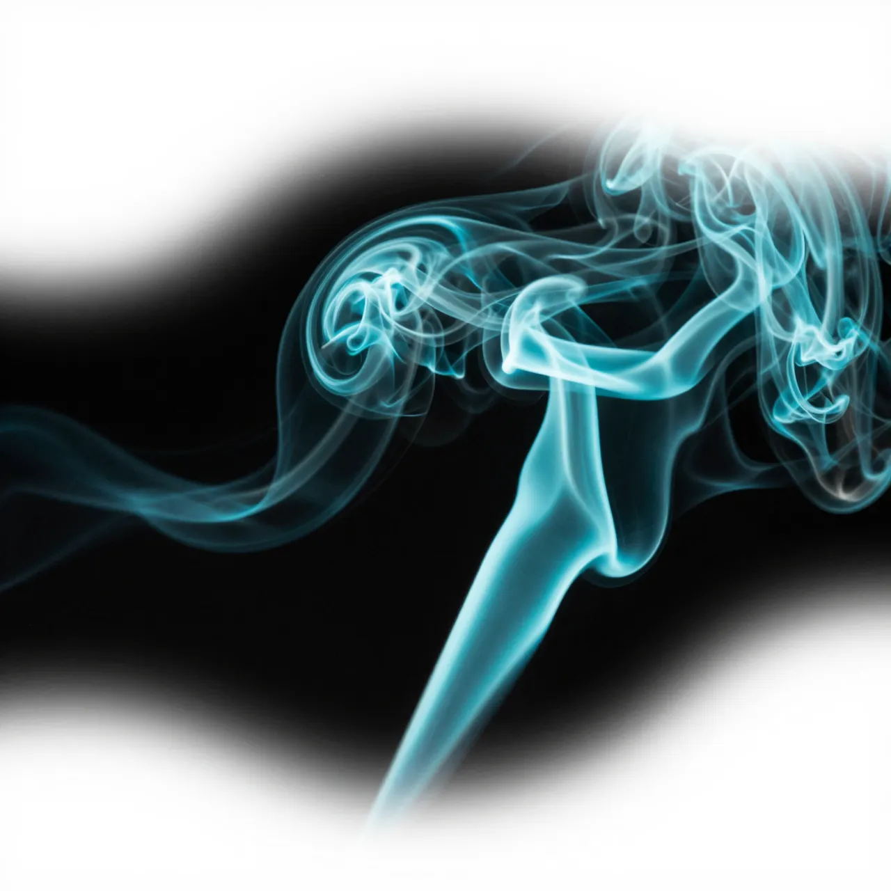 Delicate swirling cyan smoke curls in organic wave shapes against a dark background framed by soft white gradients
