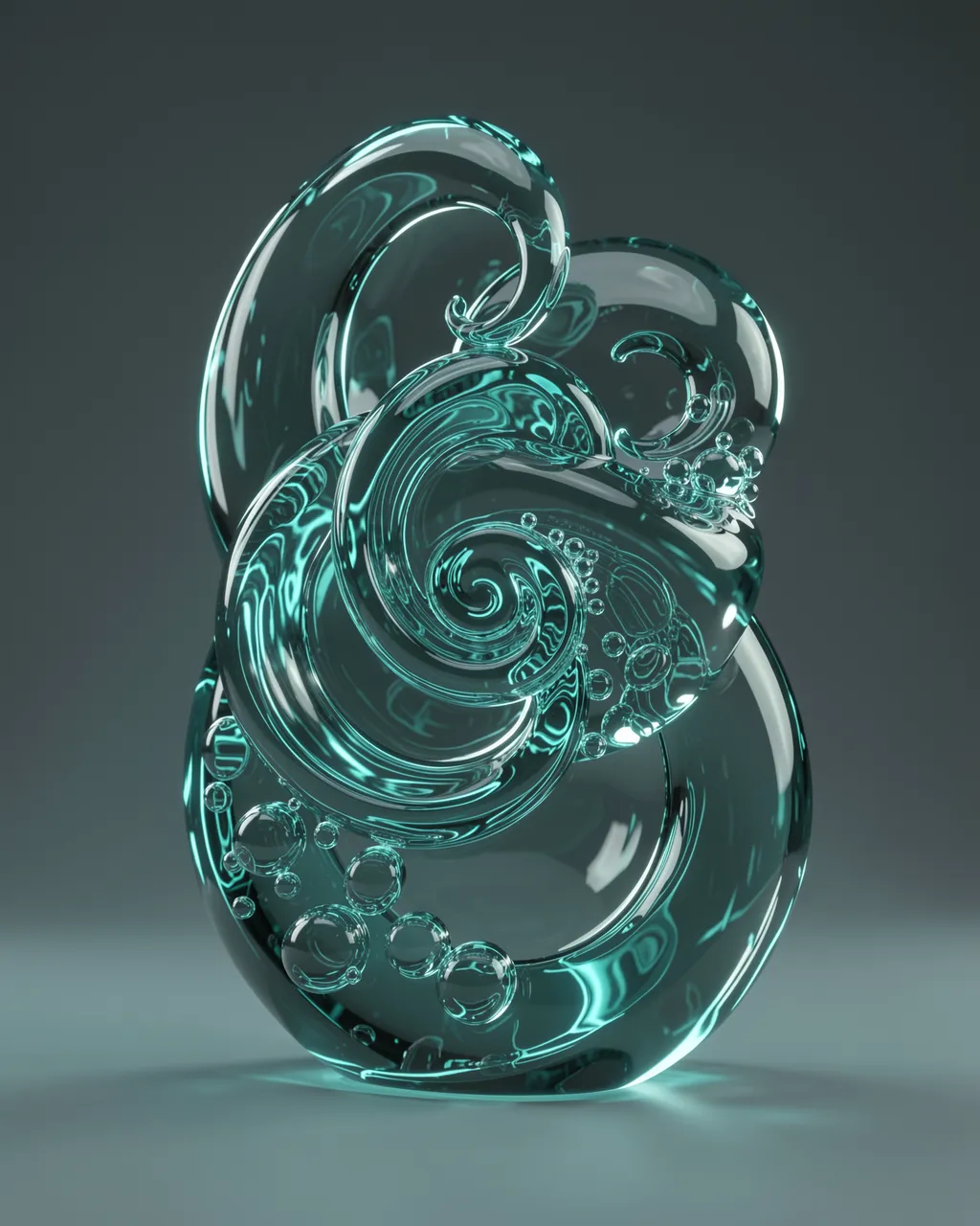 A glossy transparent glass abstract sculpture with swirling forms and embedded bubbles lit by soft teal light