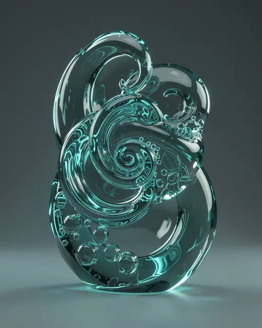 A glossy transparent glass abstract sculpture with swirling forms and embedded bubbles lit by soft teal light