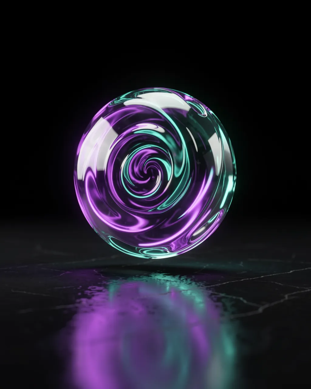 A floating translucent orb with violet and teal swirling light hovers above a dark reflective floor
