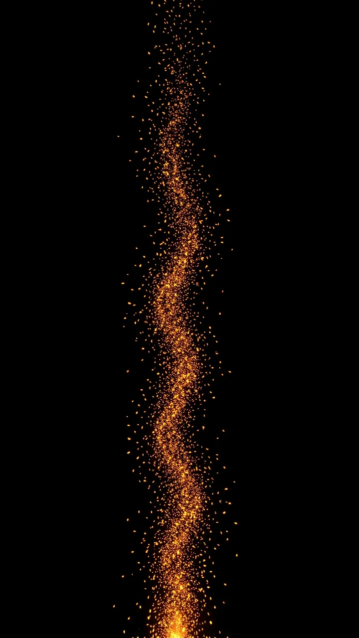A vertical swirling column of tiny glowing embers rises against a solid pure black background