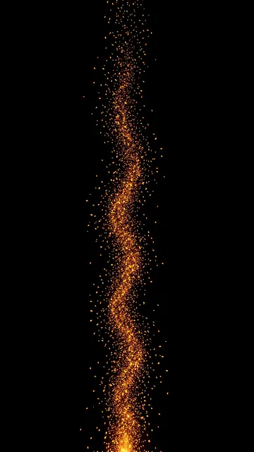 A vertical swirling column of tiny glowing embers rises against a solid pure black background