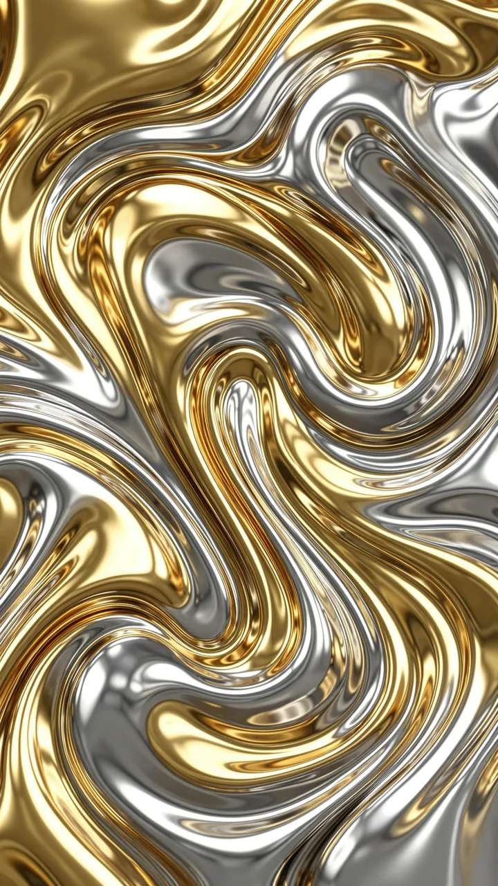 Glossy swirling liquid gold and silver chrome forms a vertical abstract 3D pattern