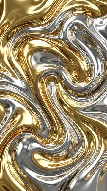 Glossy swirling liquid gold and silver chrome forms a vertical abstract 3D pattern