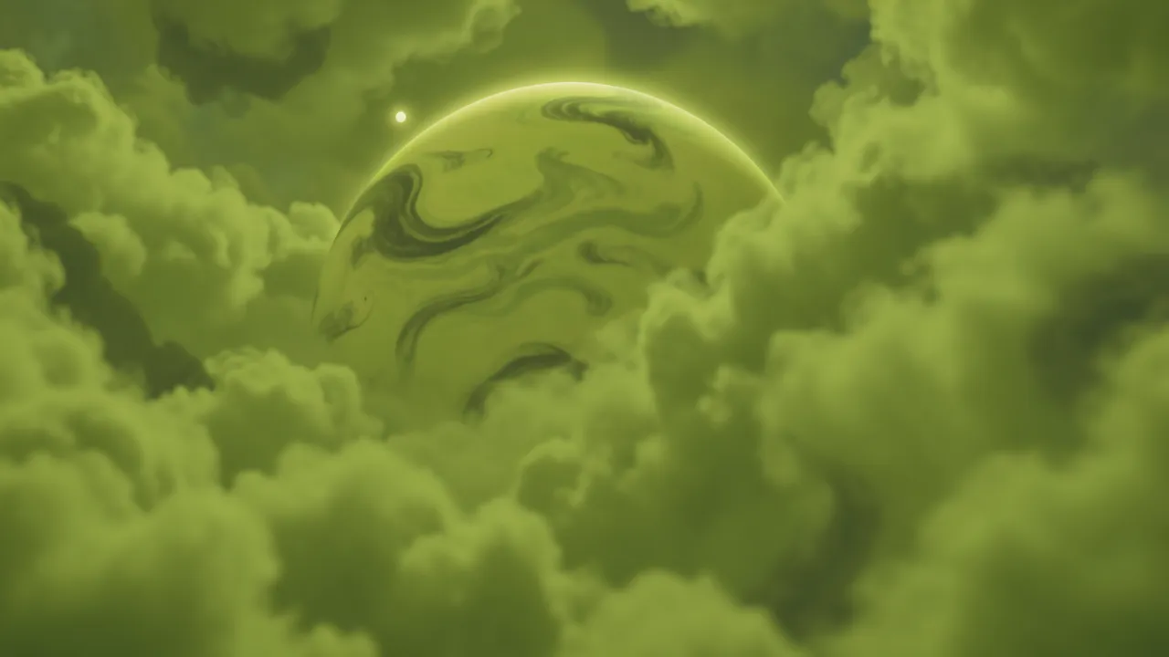 A hazy lime-green gas giant planet with dark cloud swirls is framed by green atmospheric clouds, lit by a tiny distant sun