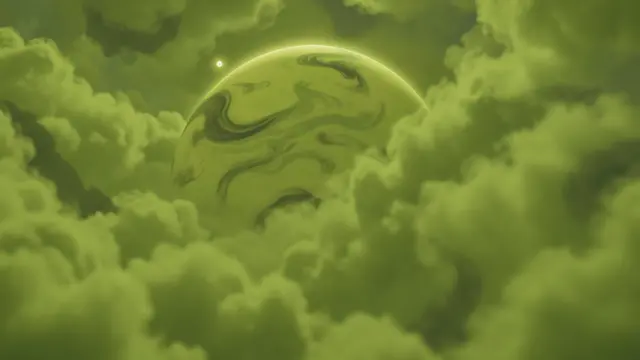 A hazy lime-green gas giant planet with dark cloud swirls is framed by green atmospheric clouds, lit by a tiny distant sun