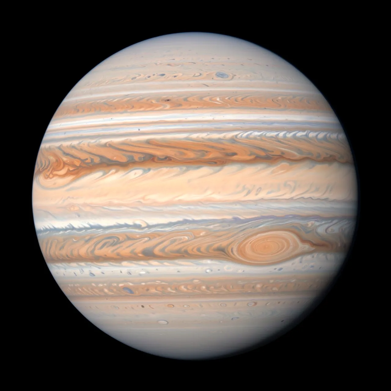 Detailed view of the planet Jupiter showing its characteristic swirling atmospheric bands against black space