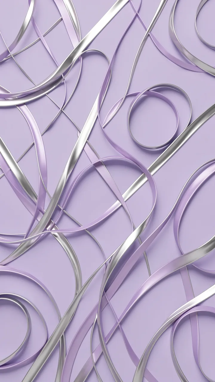 3D render of interwoven lilac and silver swirling ribbons on a pale violet background