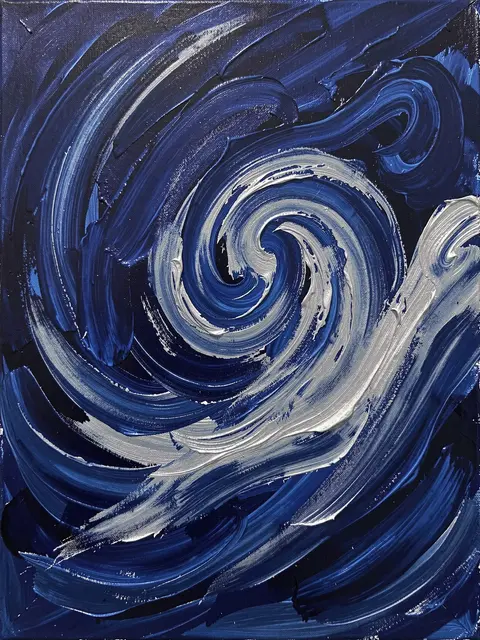 Thick impasto acrylic painting of swirling deep blue and silver brushstrokes forming a vortex pattern