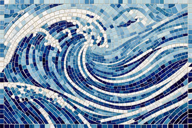 Mosaic tile artwork depicting swirling crashing ocean waves in varying shades of blue and white