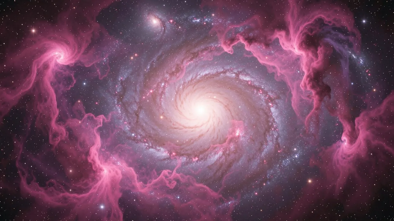 A swirling spiral galaxy surrounded by wispy pink and violet nebula clouds scattered with bright stars against dark space