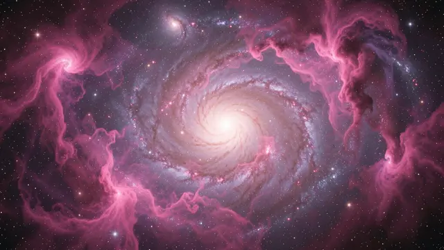 A swirling spiral galaxy surrounded by wispy pink and violet nebula clouds scattered with bright stars against dark space