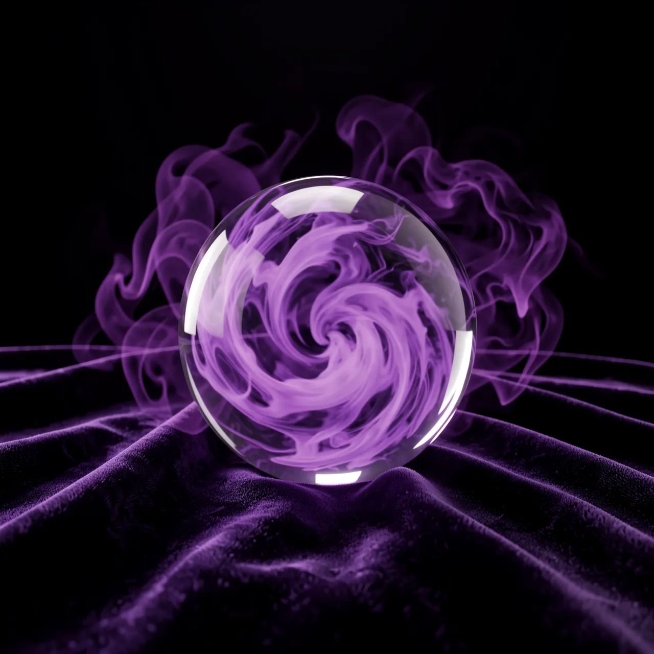 A glass crystal orb filled with swirling purple mist rests on dark velvet cloth against a black background.