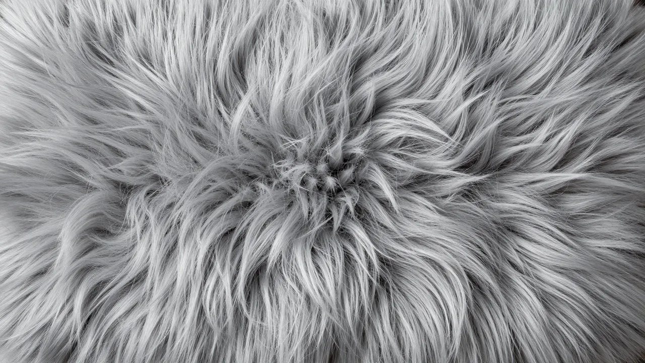 Top view close-up of long silver-gray faux fur brushed into soft swirling waves filling the full frame
