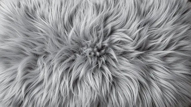 Top view close-up of long silver-gray faux fur brushed into soft swirling waves filling the full frame