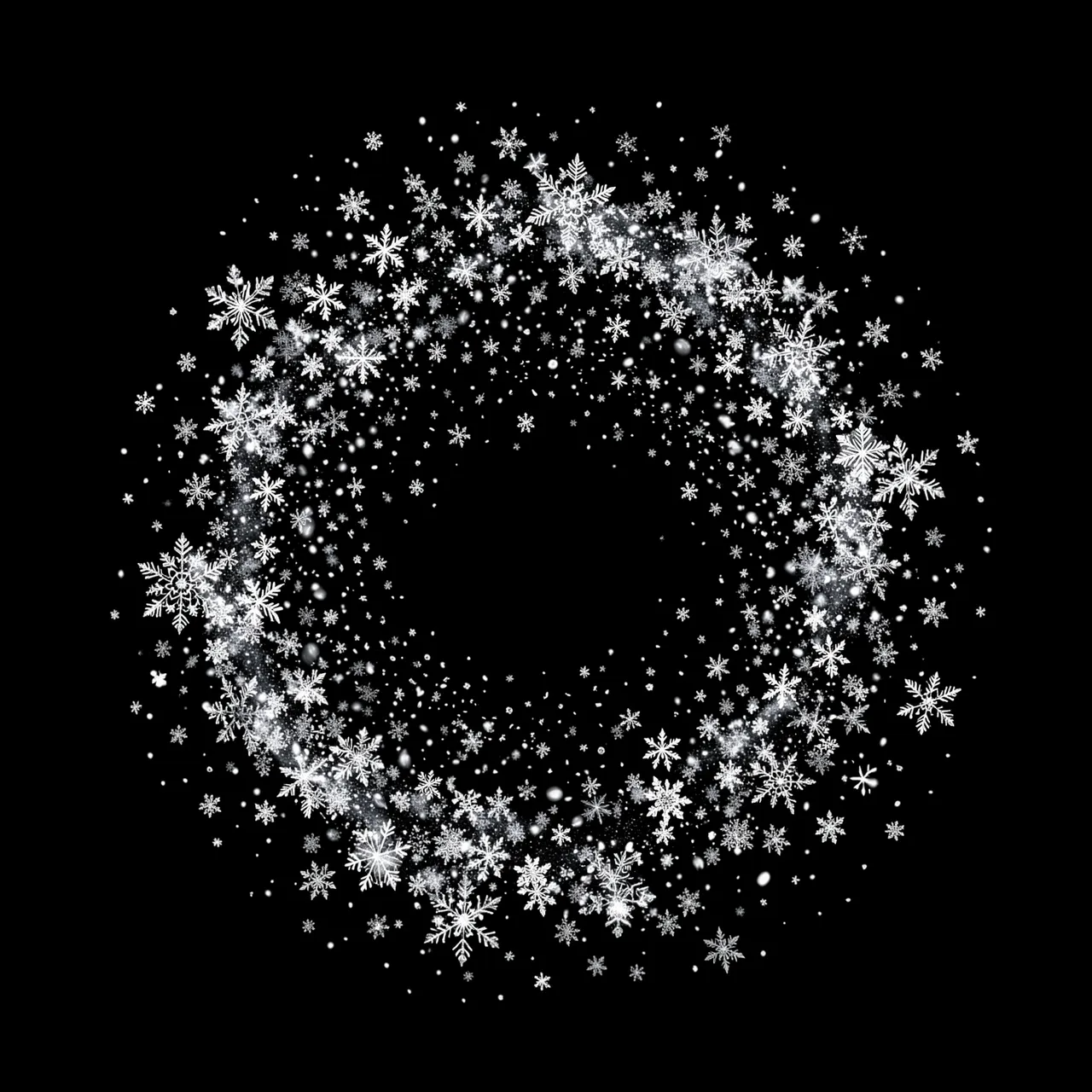 Intricate white snowflakes form a swirling circular vortex against a solid pure black background