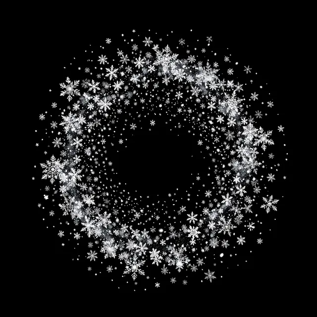 Intricate white snowflakes form a swirling circular vortex against a solid pure black background