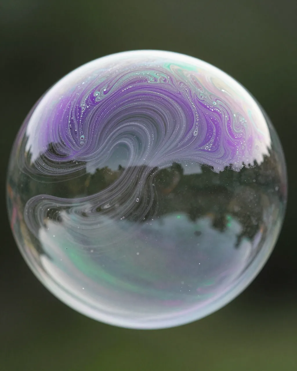 Close-up macro view of a soap bubble with swirling violet, green and iridescent surface patterns against a dark blurred