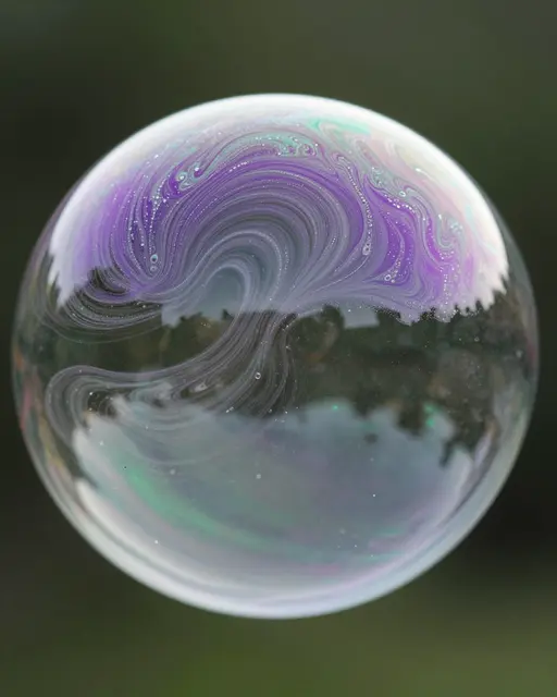 Close-up macro view of a soap bubble with swirling violet, green and iridescent surface patterns against a dark blurred