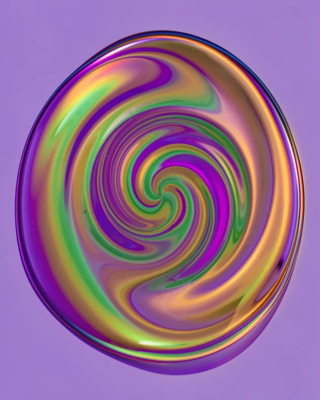 Glossy swirling soap bubble displays violet, green and amber iridescent spiral colors against a solid purple background