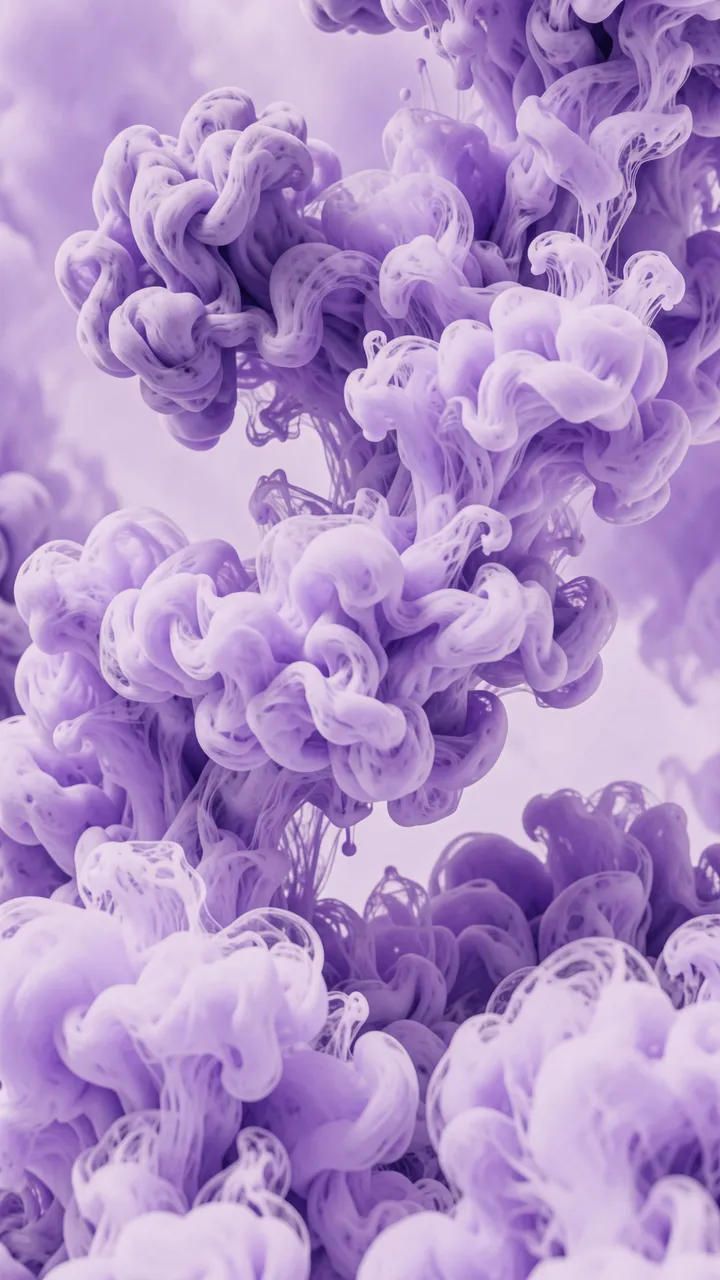 Soft swirling purple and lilac ink clouds twist and blend vertically against a pale lavender background