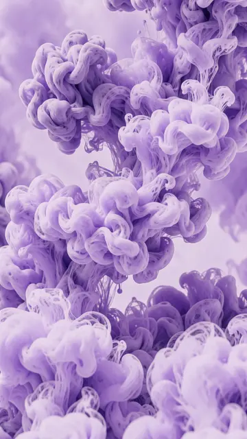 Soft swirling purple and lilac ink clouds twist and blend vertically against a pale lavender background