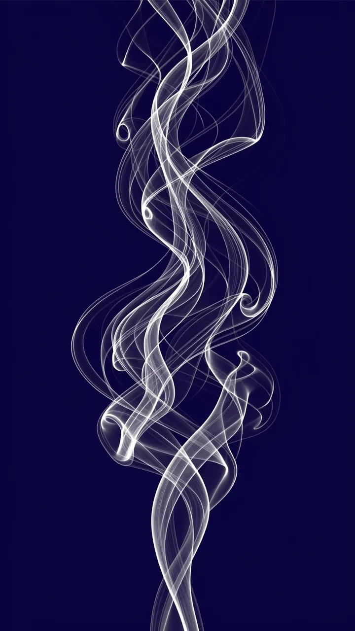 Delicate wispy white swirling lines twist vertically against a solid deep indigo background