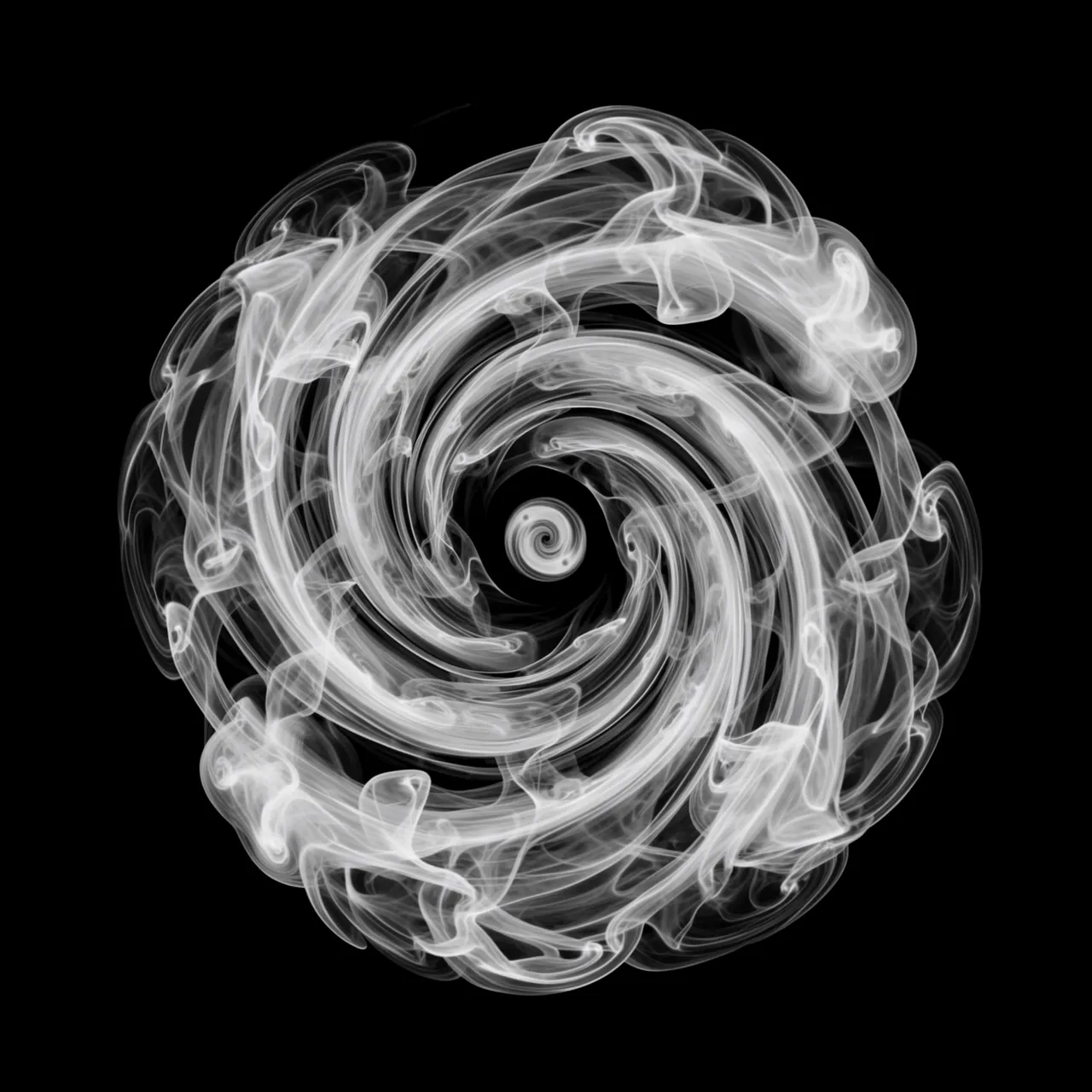 Intricate swirling white smoke forms an inward spiraling vortex against a solid pure black background