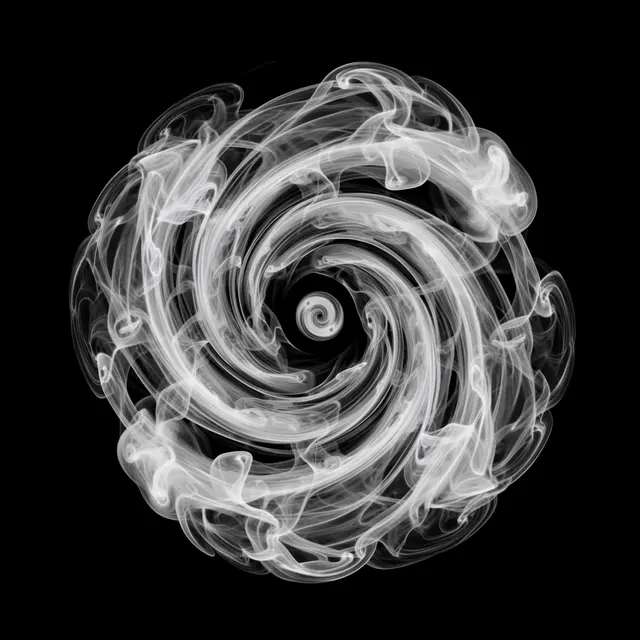 Intricate swirling white smoke forms an inward spiraling vortex against a solid pure black background