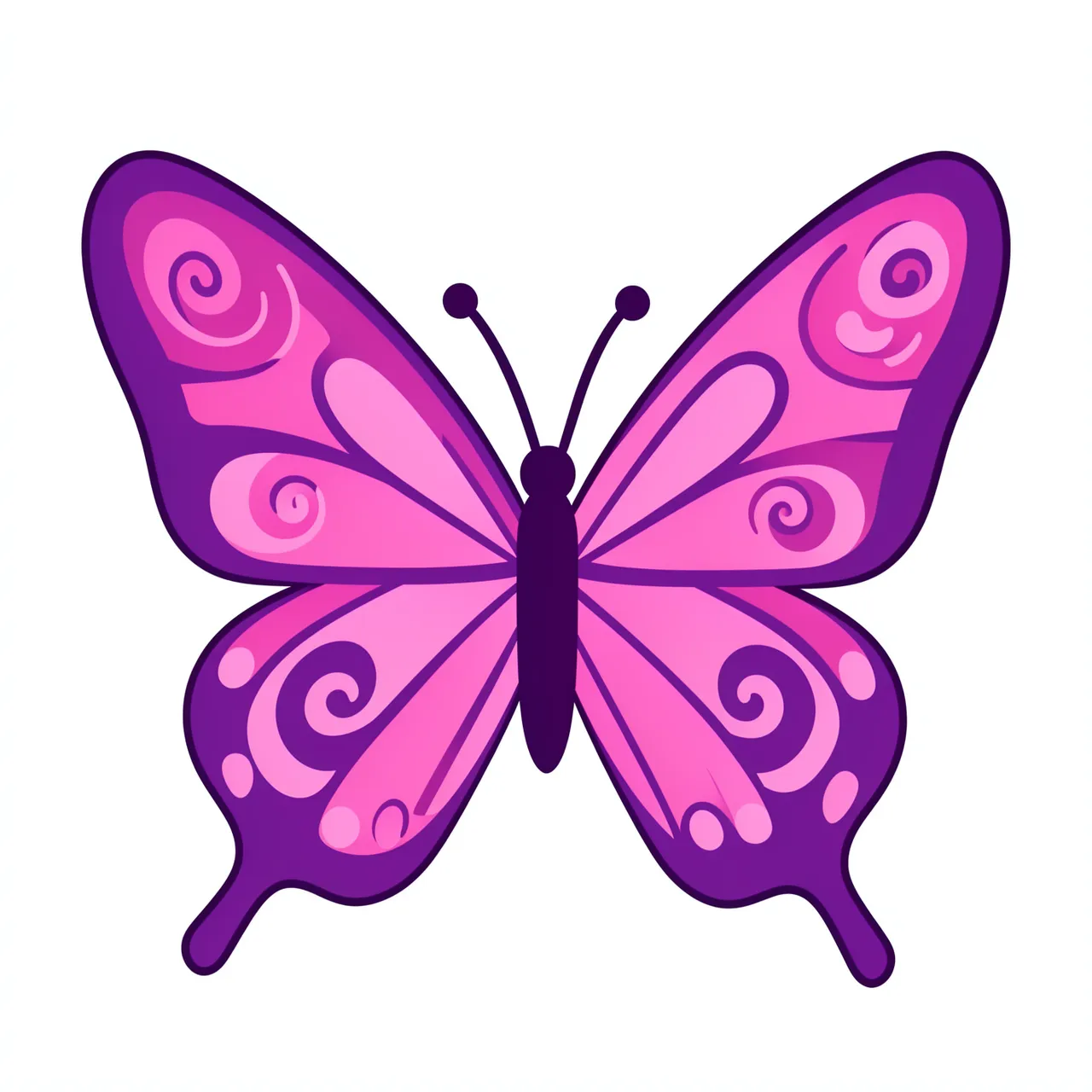 Flat clipart butterfly with pink and purple swirled wing markings isolated on a plain white background