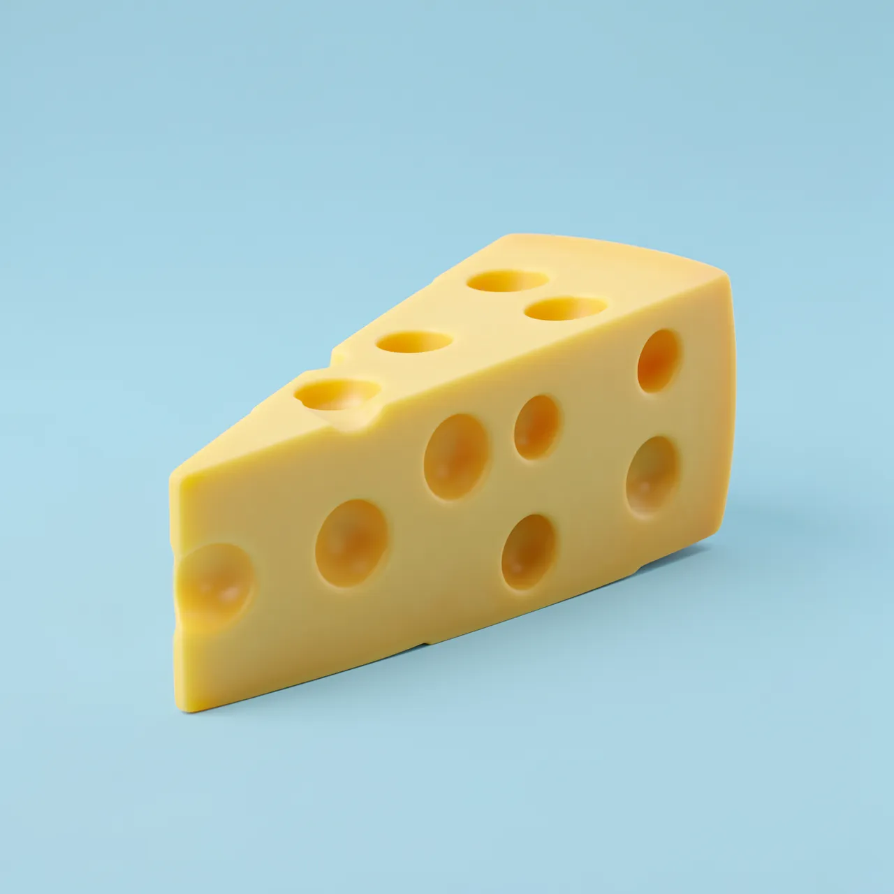 A smooth pale yellow Swiss cheese wedge with round holes sits against a pastel blue backdrop