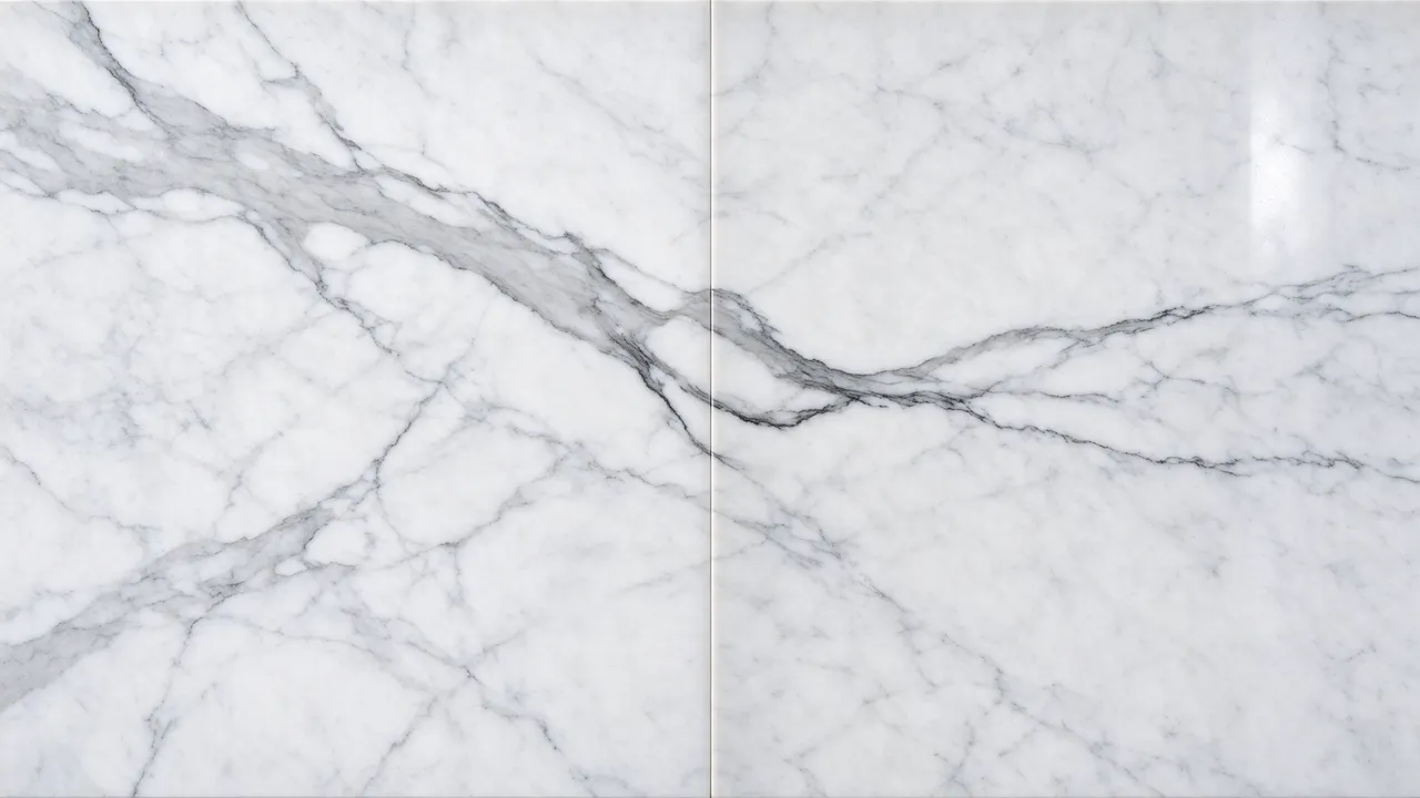 Mirror-matched white marble surface with soft gray veining running along a central seam