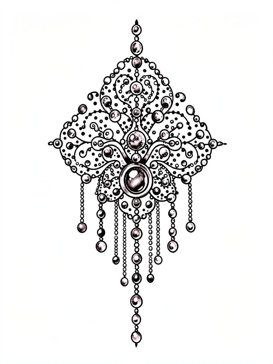 Black and white symmetrical ornamental dotwork tattoo design with a central jewel and hanging bead strands on white paper