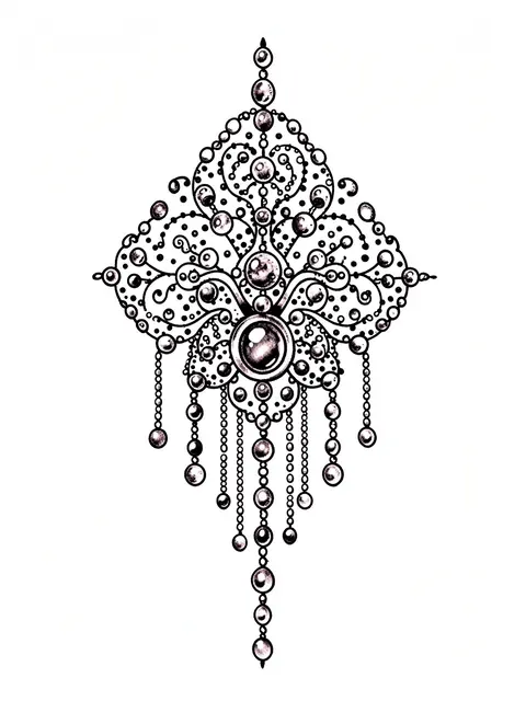 Black and white symmetrical ornamental dotwork tattoo design with a central jewel and hanging bead strands on white paper