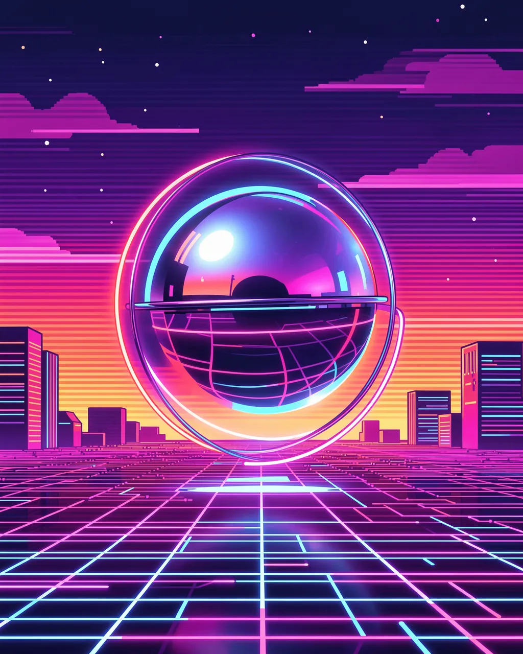 Glowing neon chrome sphere floats above a retro grid and city skyline at vibrant sunset