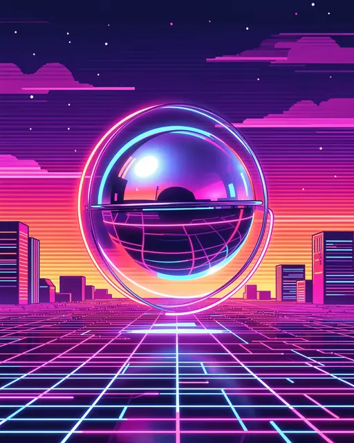 Glowing neon chrome sphere floats above a retro grid and city skyline at vibrant sunset