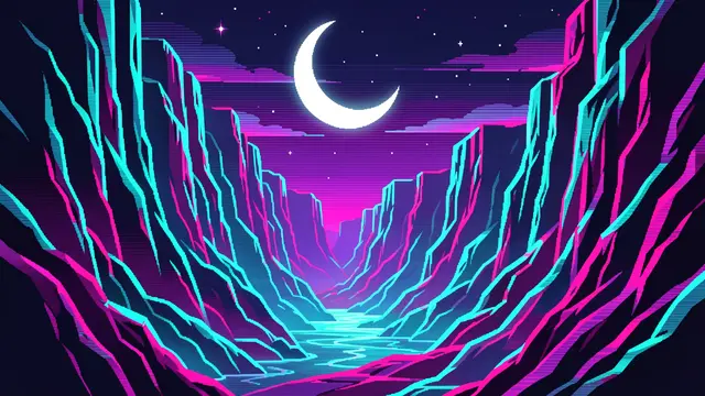 Retro neon synthwave illustration of a glowing canyon under a bright crescent moon in a starry night sky