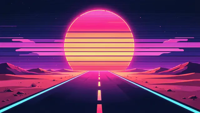 A straight neon-lit desert road leads toward a huge horizontal-striped synthwave sun across a twilight desert