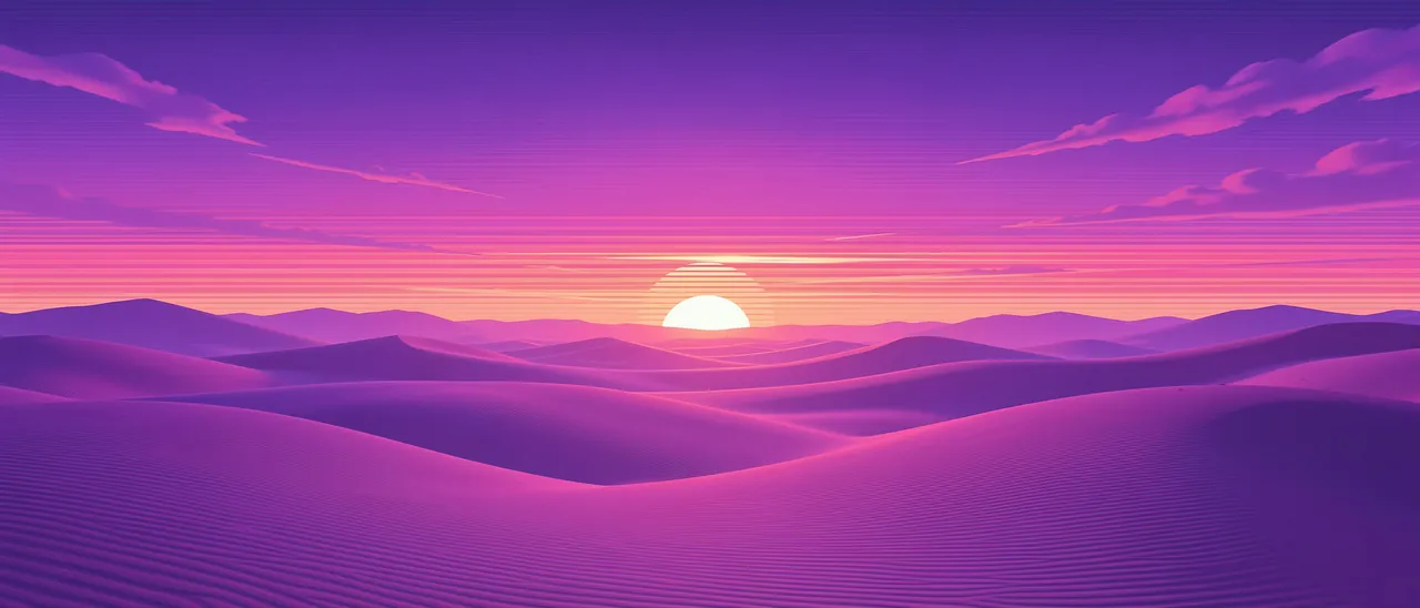 A stylized synthwave sunset over smooth rolling sand dunes under a violet and pink hazy sky