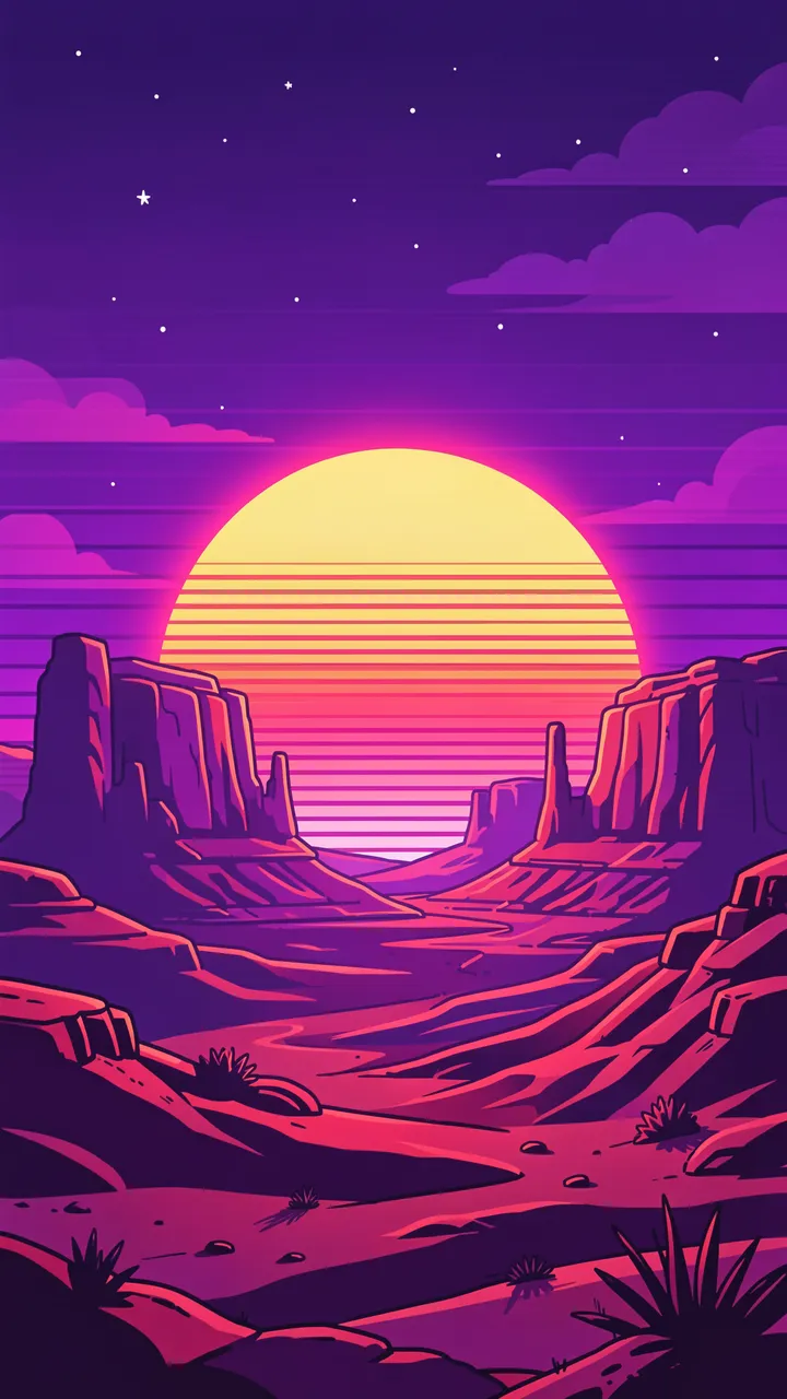 Retro synthwave illustration of a glowing neon sun setting behind desert mesas under a starry purple sky