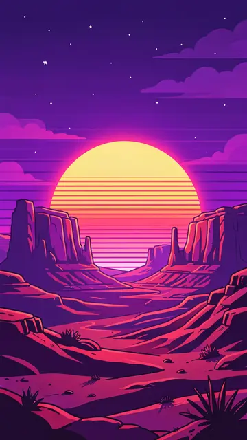 Retro synthwave illustration of a glowing neon sun setting behind desert mesas under a starry purple sky