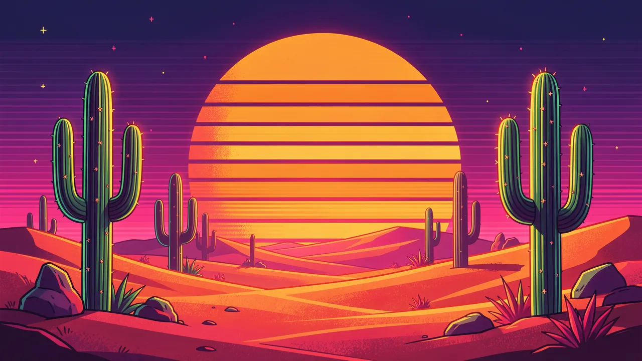 Retro synthwave desert landscape with glowing saguaro cacti and a large banded orange sun under a starry gradient sky